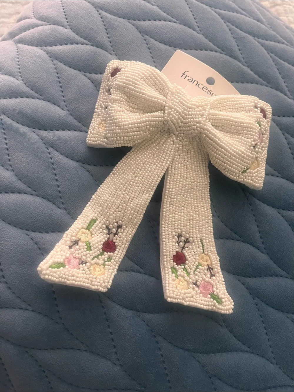 Francesca's white Beaded Bow Clip with Floral Embroidery